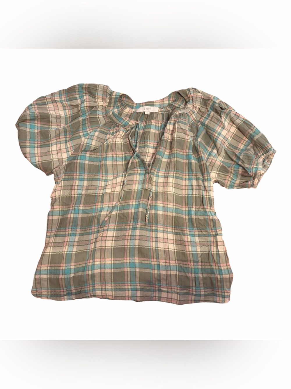 LOFT Plaid Short-Sleeve Peasant Blouse in Sage, Cream & Teal